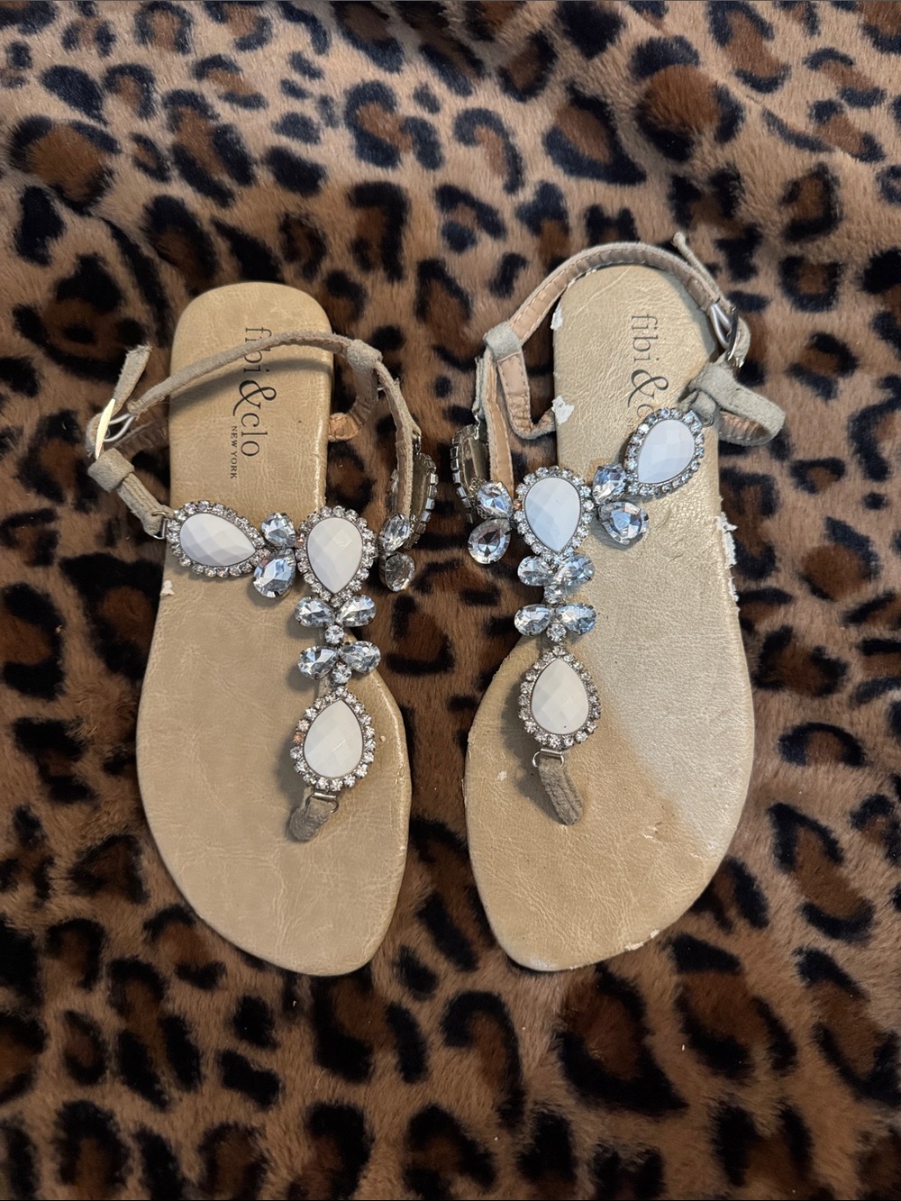 Beige Jeweled T-Strap Women's Sandals